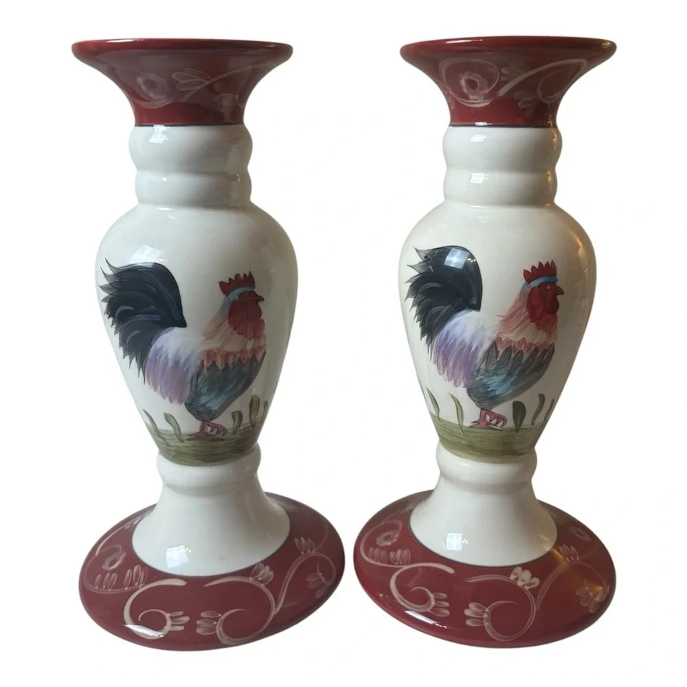 Set Of 2 Rooster Pillar Candle Holder Ceramic Base By Home Interior & Gifts
